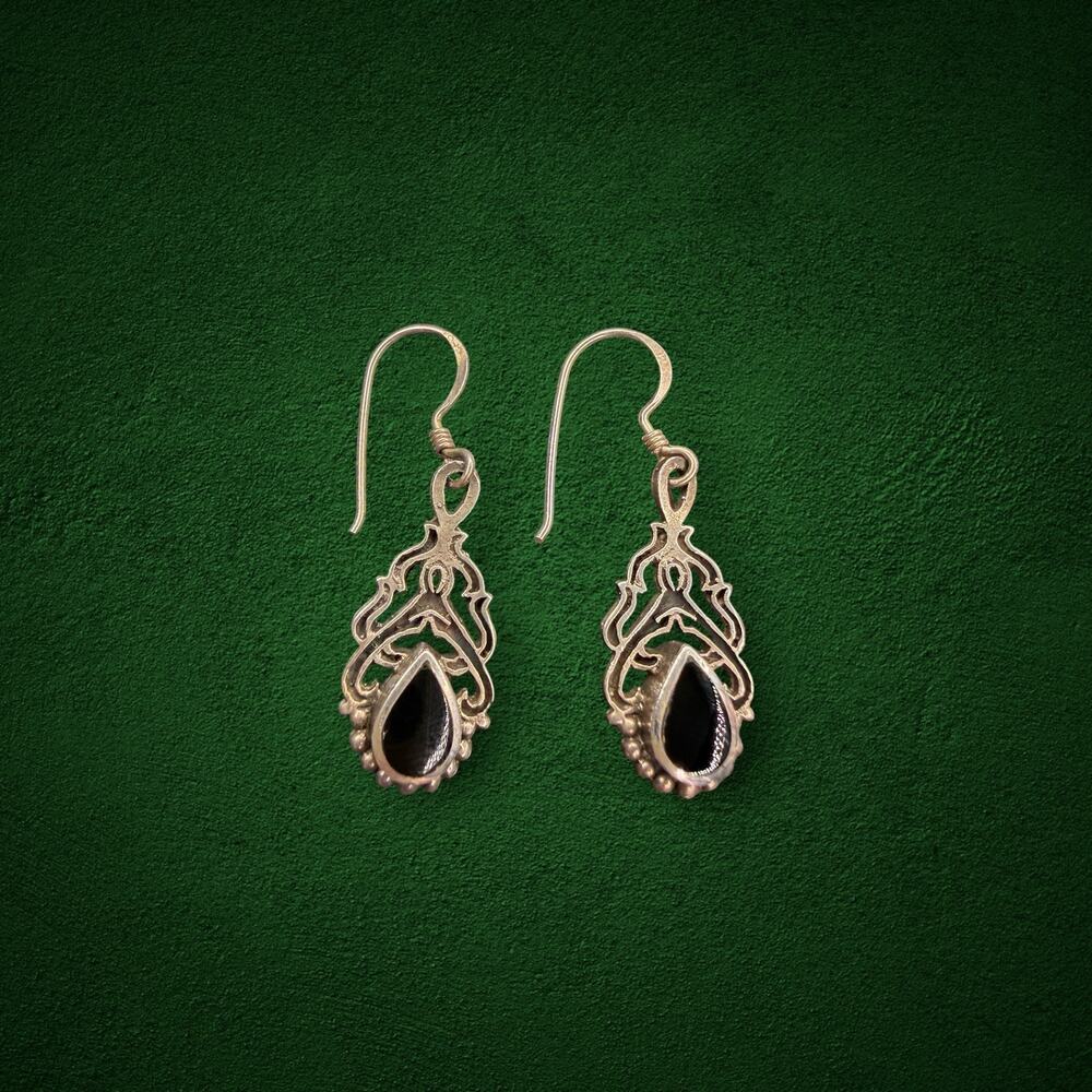 Vintage 925 Sterling Silver Black Onyx Teardrop Dangle Earrings Ornate